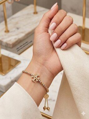 Tory Burch Miller Beaded Slider Bracelet Gold Tone Crystal Pave Logo Charm